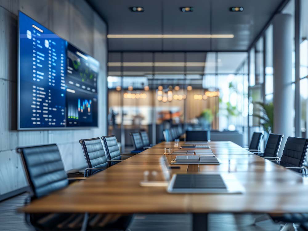 Office screens with digital signage with an internal communication channel shown on screens. in meeting room. Generative AI.