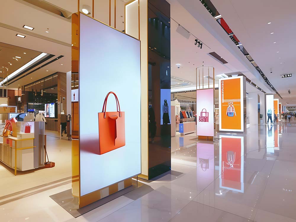 Vertical LED TV Screen at Front of fashion bags store in Shoppin